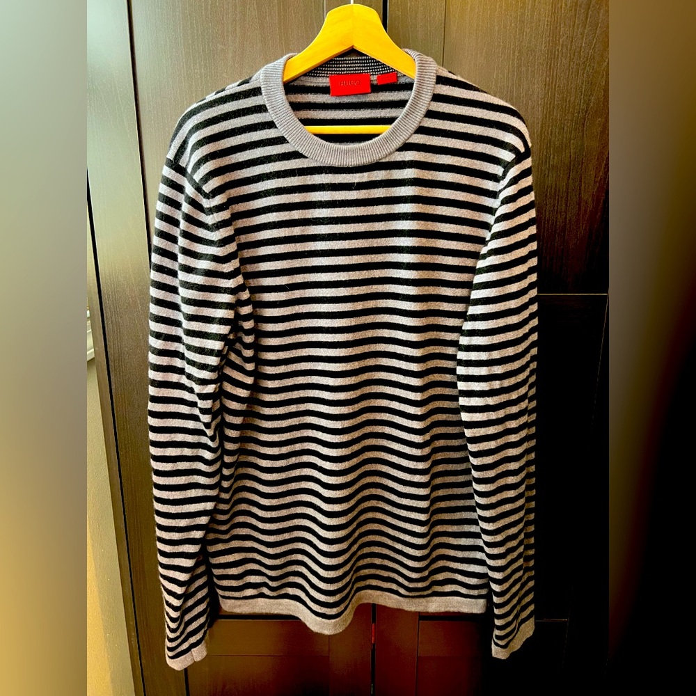 Hugo Boss Sweater Mens XXL Grey Black Striped Crew Neck 100% Cashmere Pullover